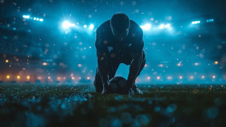 Athlete kneeling on a wet field under stadium lights