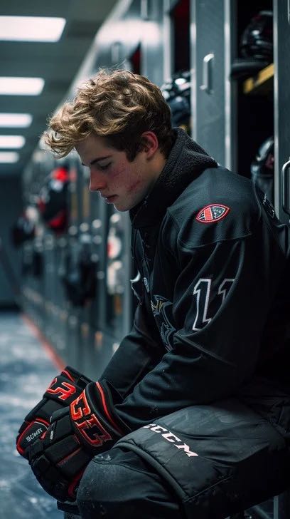 Hockey player sitting alone in the locker room after a game