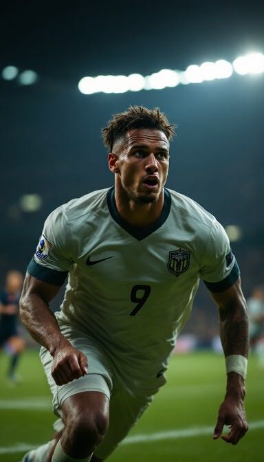 Soccer player sprinting under stadium lights