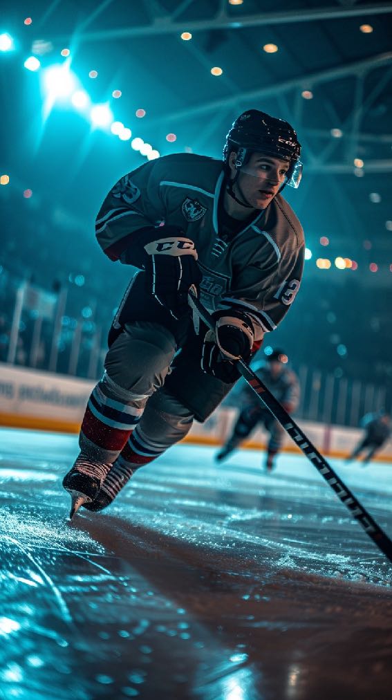 Hockey player skating on ice under teal arena lights