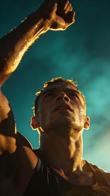 Athlete raising a fist, glistening in golden light