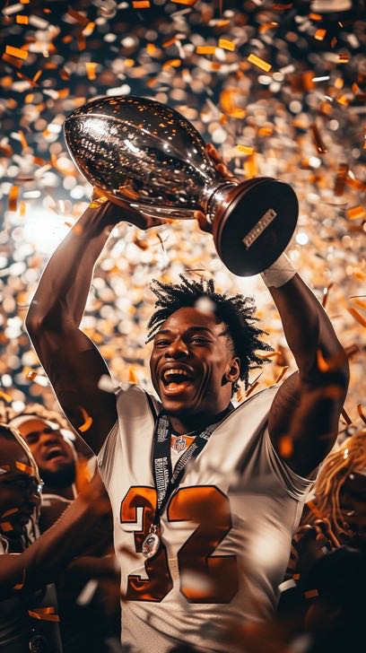 Football player raising a championship trophy in falling confetti