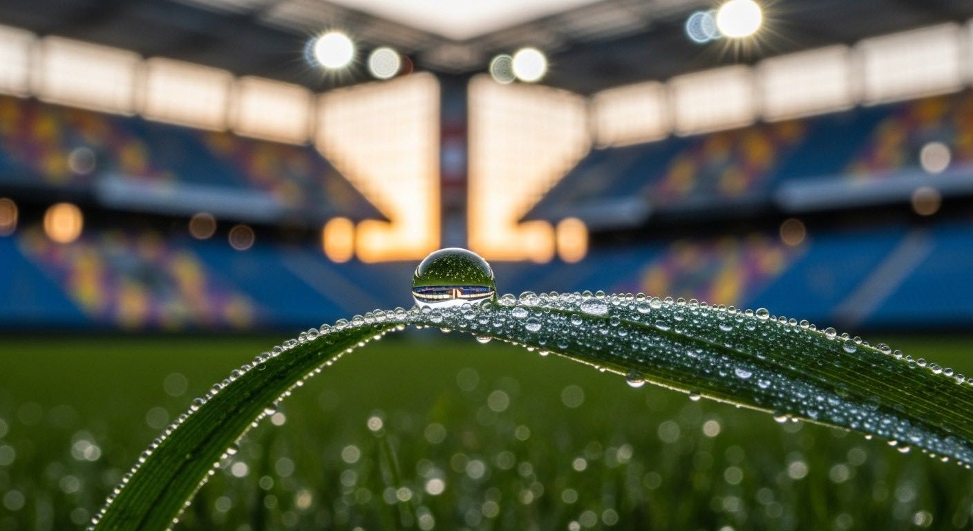 Dew drop on a blade of grass with a stadium in the background